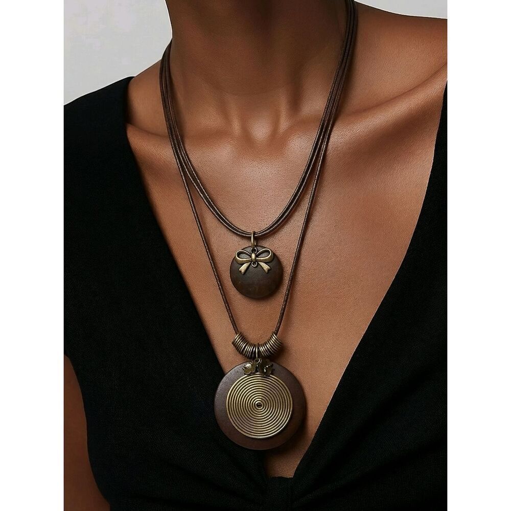 Boho Layered Wood Disc & Antique Gold Medallion Necklace Adjustable Brown Cord